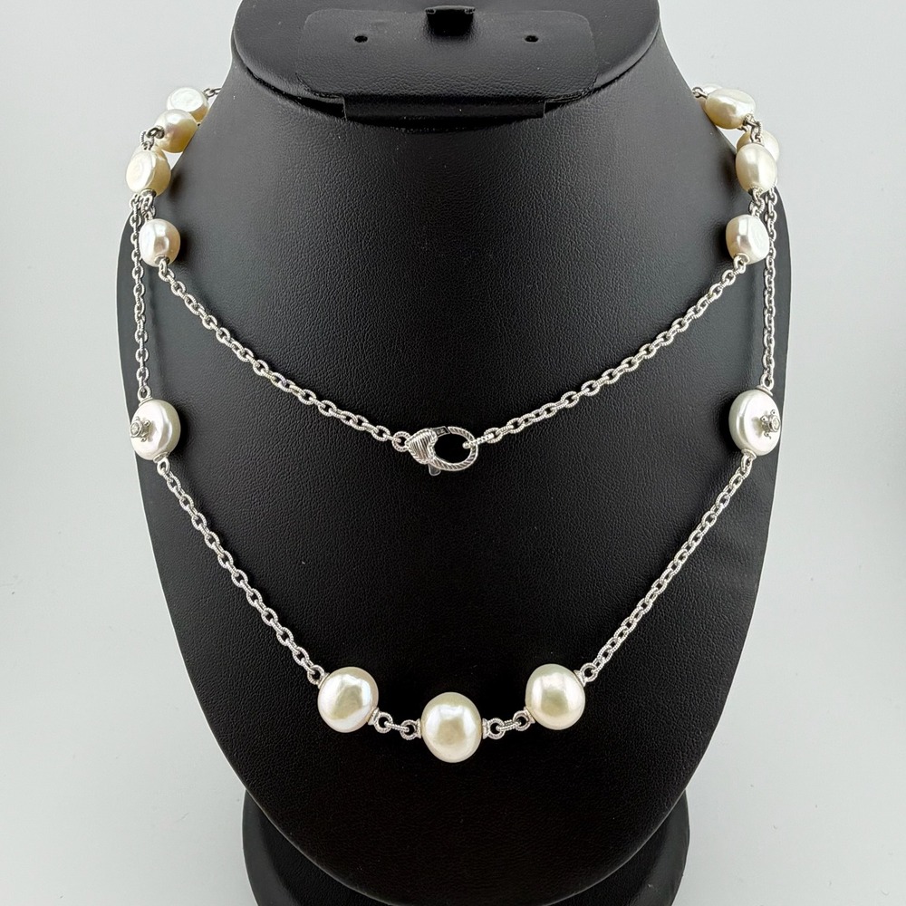 Judith Ripka Pearl Station Necklace Silver 925 CZ Lion Clasp Classic